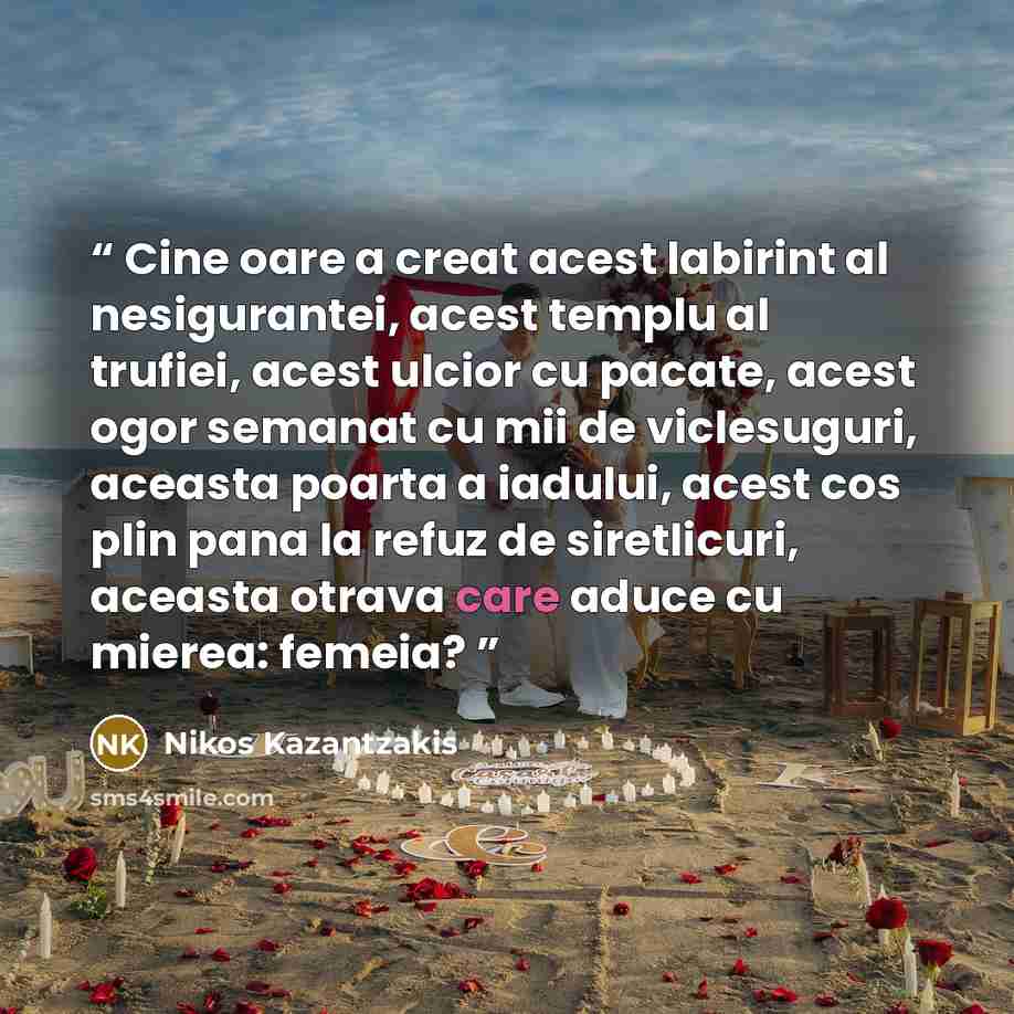 “Cine oare a creat acest labirint al nesigurantei, acest templu al trufiei, acest ulcior cu pacate, acest ogor semanat cu mii de viclesuguri, aceasta poarta a iadului, acest cos plin pana la refuz de siretlicuri, aceasta otrava care aduce cu mierea: femeia?” quote by Nikos Kazantzakis