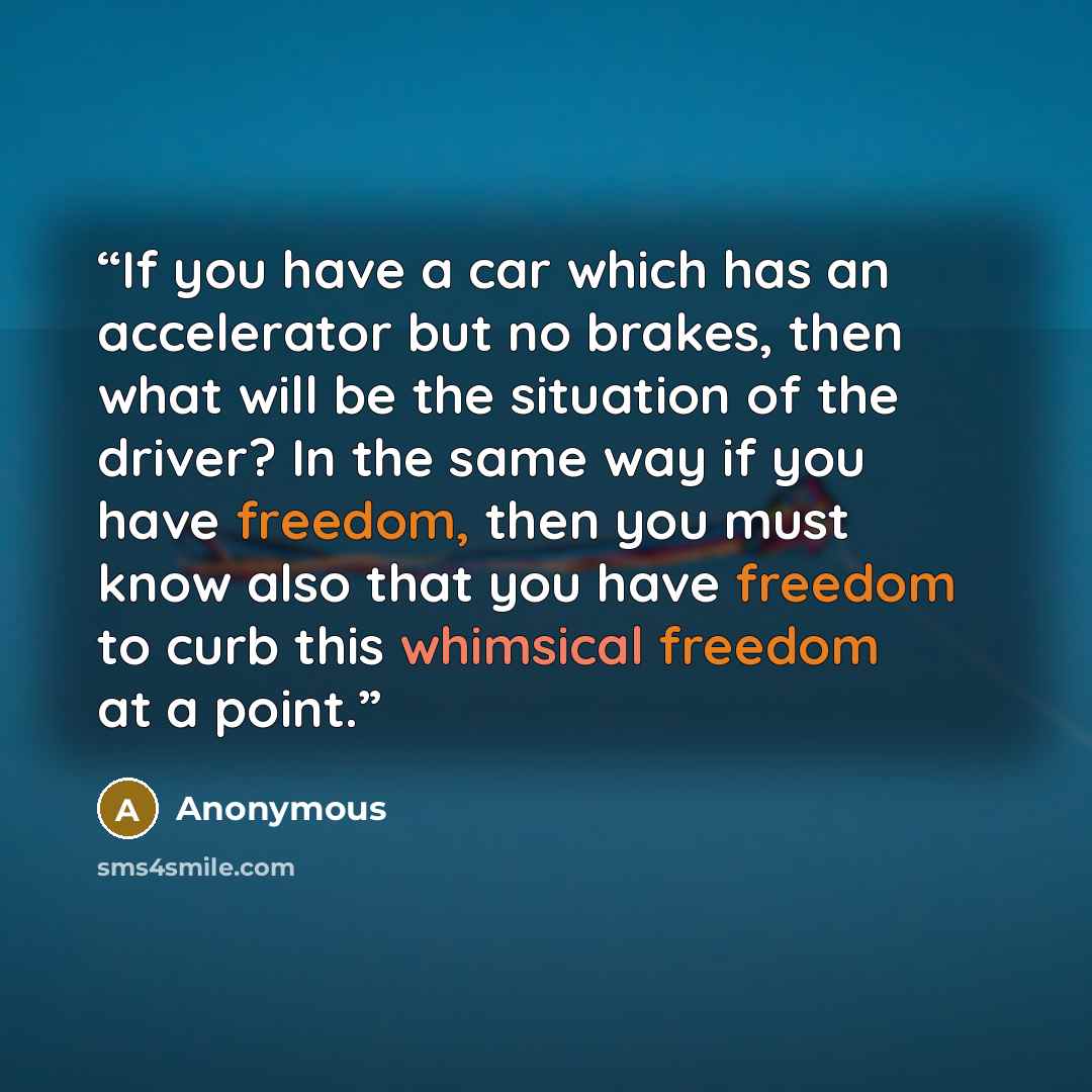 “If you have a car which has an accelerator but no brakes, then what will be the situation of the driver? In the same way if you have freedom, then you must know also that you have freedom to curb this whimsical freedom at a point.” quote by Anonymous