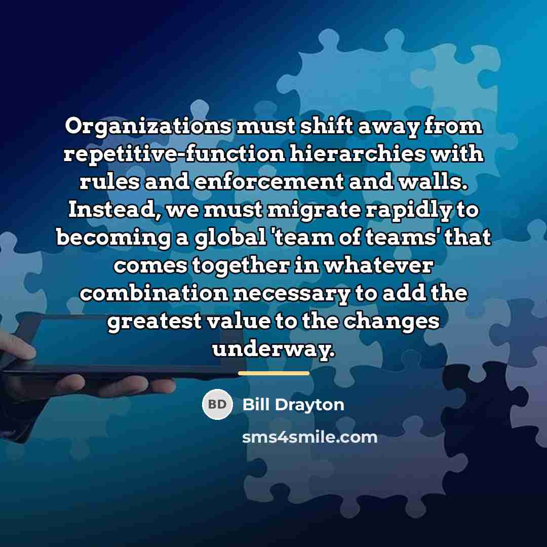 “Organizations must shift away from repetitive-function hierarchies with rules and…” quote by Bill Drayton