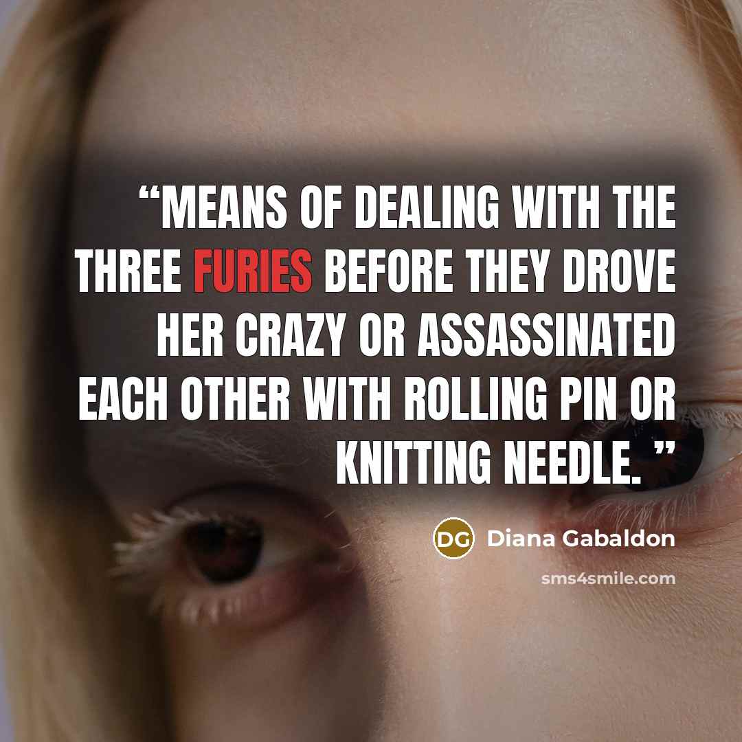 “means of dealing with the Three Furies before they drove her crazy or assassinated each other with rolling pin or knitting needle.” quote by Diana Gabaldon