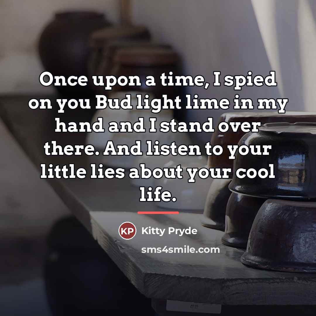 “Once upon a time, I spied on you Bud light…” quote by Kitty Pryde