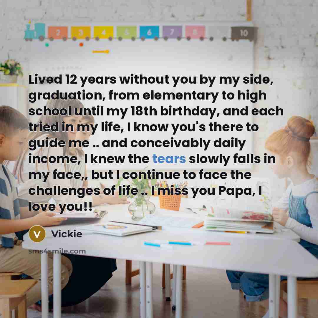 “Lived 12 years without you by my side, graduation, from elementary to high school until my 18th birthday, and each tried in my life, I know you's there to guide me .. and conceivably daily income, I knew the tears slowly falls in my face,, but I continue to face the challenges of life .. I miss…” quote by Vickie
