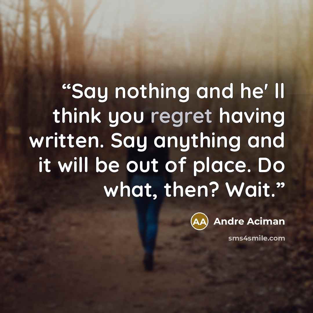 “Say nothing and he' ll think you regret having written. Say anything and it will be out of place. Do what, then? Wait.” quote by André Aciman