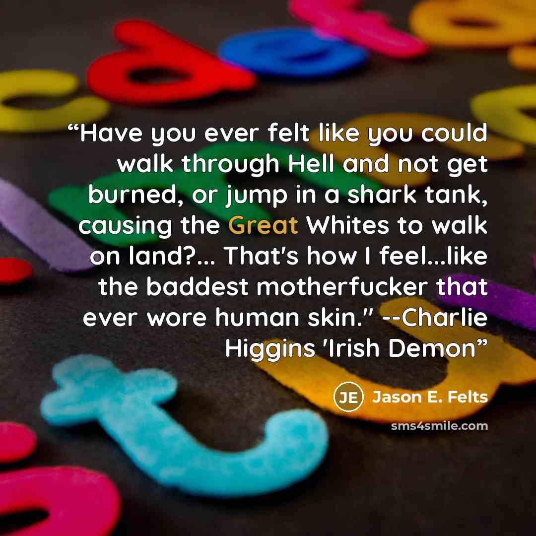 “Have you ever felt like you could walk through Hell and not get burned, or jump in a shark tank, causing the Great Whites to walk on land?... That's how I feel...like the baddest motherfucker that ever wore human skin." --Charlie Higgins 'Irish Demon” quote by Jason E. Felts