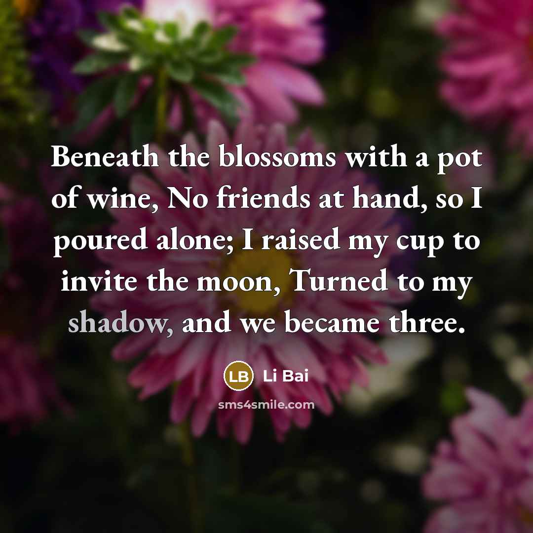 “Beneath the blossoms with a pot of wine, No friends…” quote by Li Bai