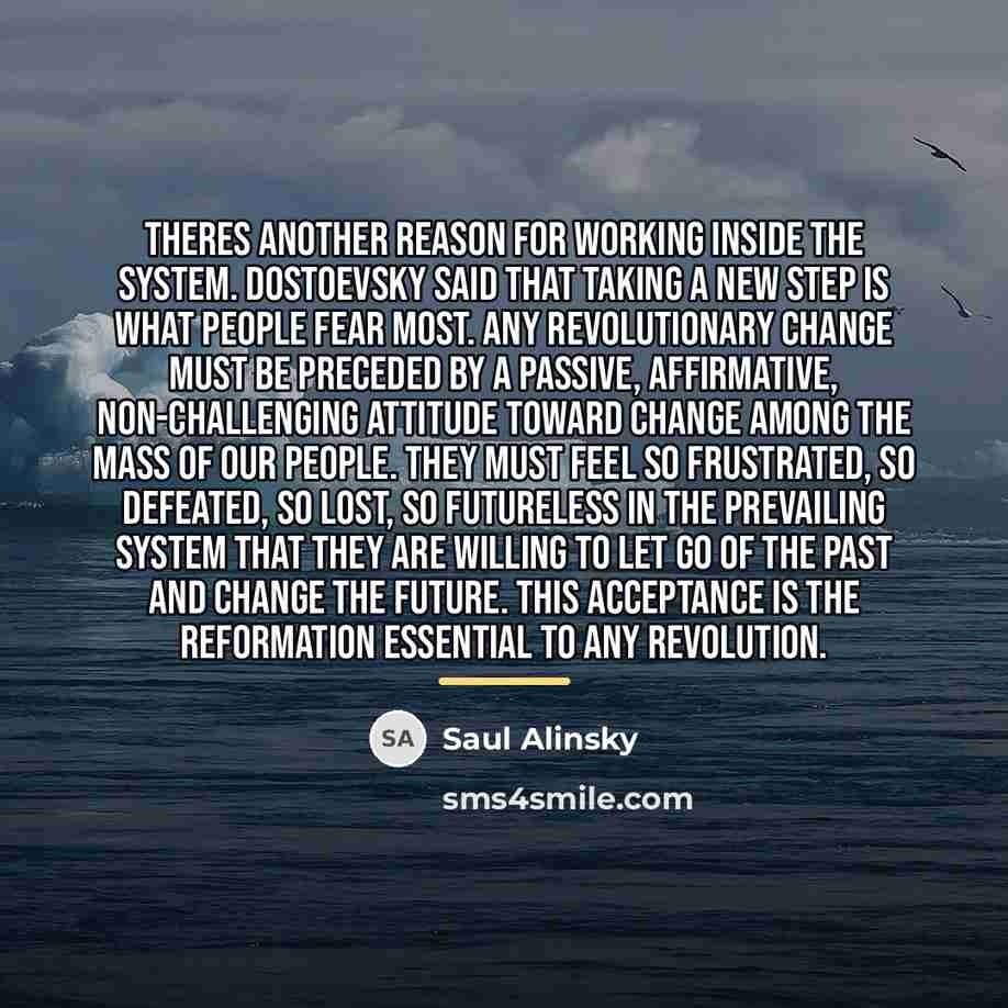 “Theres another reason for working inside the system. Dostoevsky said…” quote by Saul Alinsky