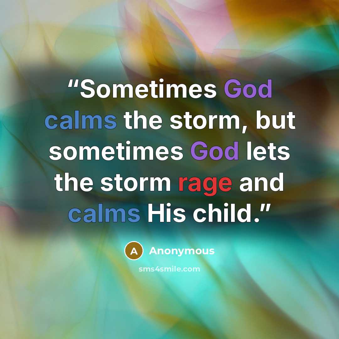 “Sometimes God calms the storm, but sometimes God lets the storm rage and calms His child.” quote by Anonymous