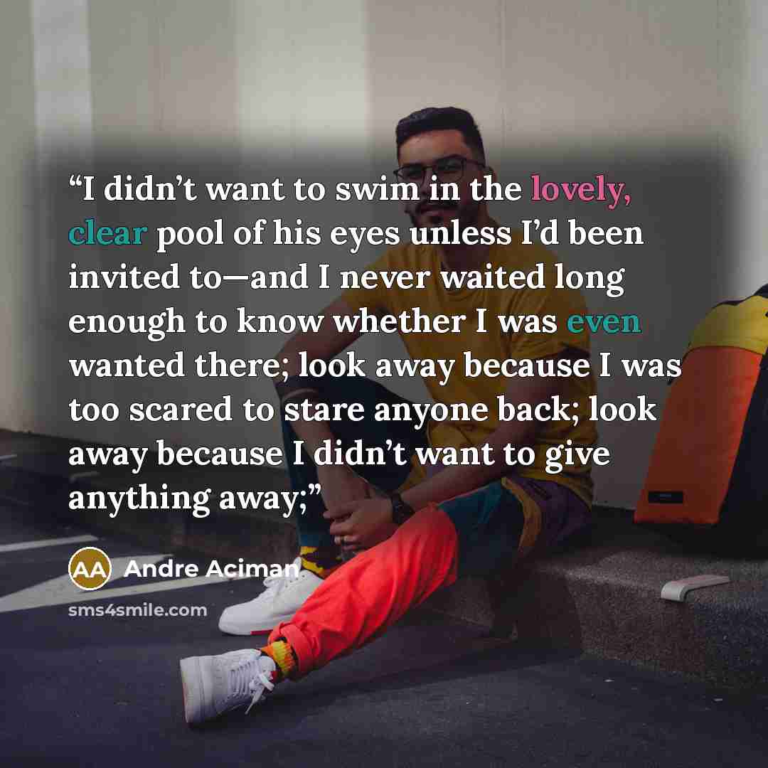 “I didn’t want to swim in the lovely, clear pool of his eyes unless I’d been invited to—and I never waited long enough to know whether I was even wanted there; look away because I was too scared to stare anyone back; look away because I didn’t want to give anything away;” quote by André Aciman