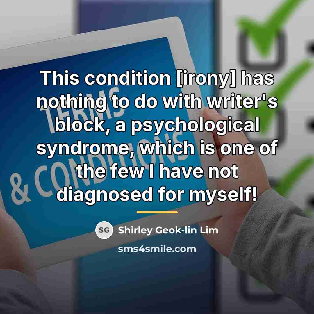 “This condition [irony] has nothing to do with writer's block,…” quote by Shirley Geok-lin Lim