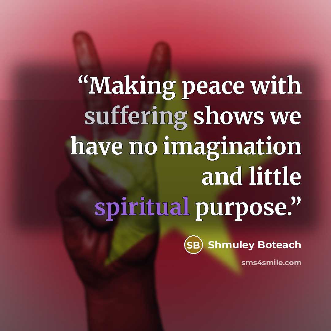 “Making peace with suffering shows we have no imagination and little spiritual purpose.” quote by Shmuley Boteach
