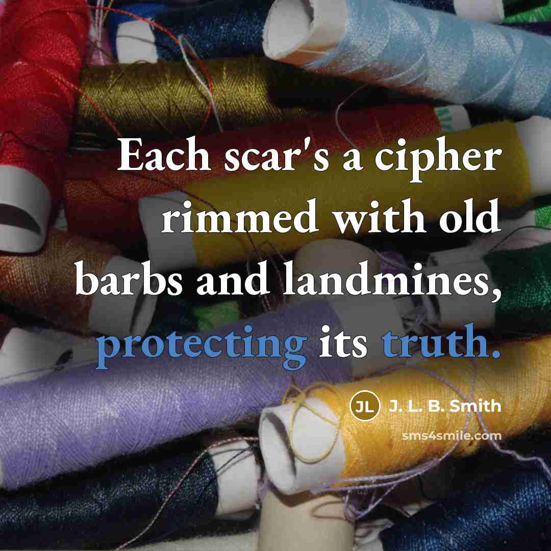 “Each scar's a cipher rimmed with old barbs and landmines, protecting its truth.” quote by J. L. B. Smith