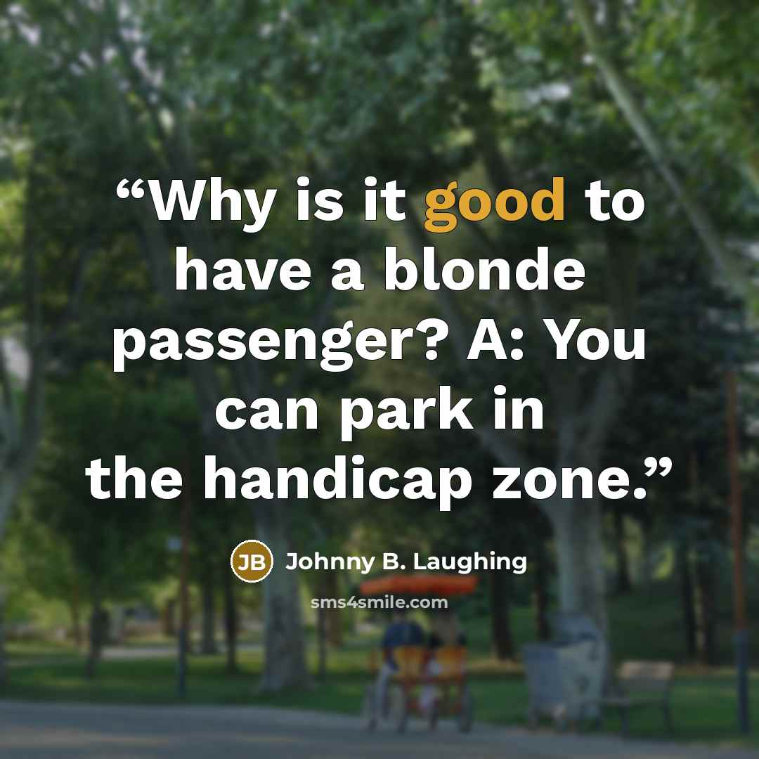 “Why is it good to have a blonde passenger? A: You can park in the handicap zone.” quote by Johnny B. Laughing