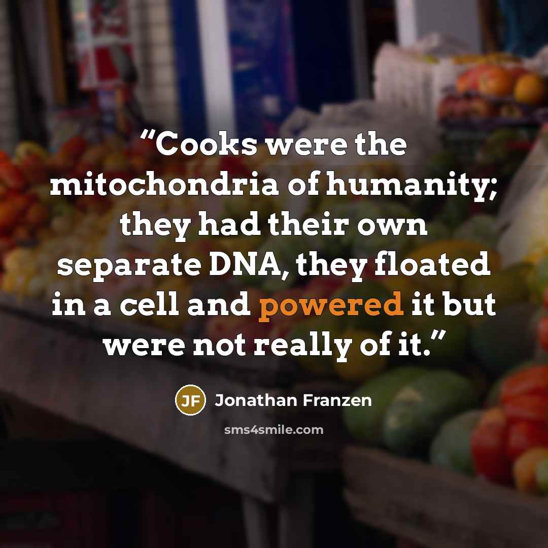 “Cooks were the mitochondria of humanity; they had their own separate DNA, they floated in a cell and powered it but were not really of it.” quote by Jonathan Franzen