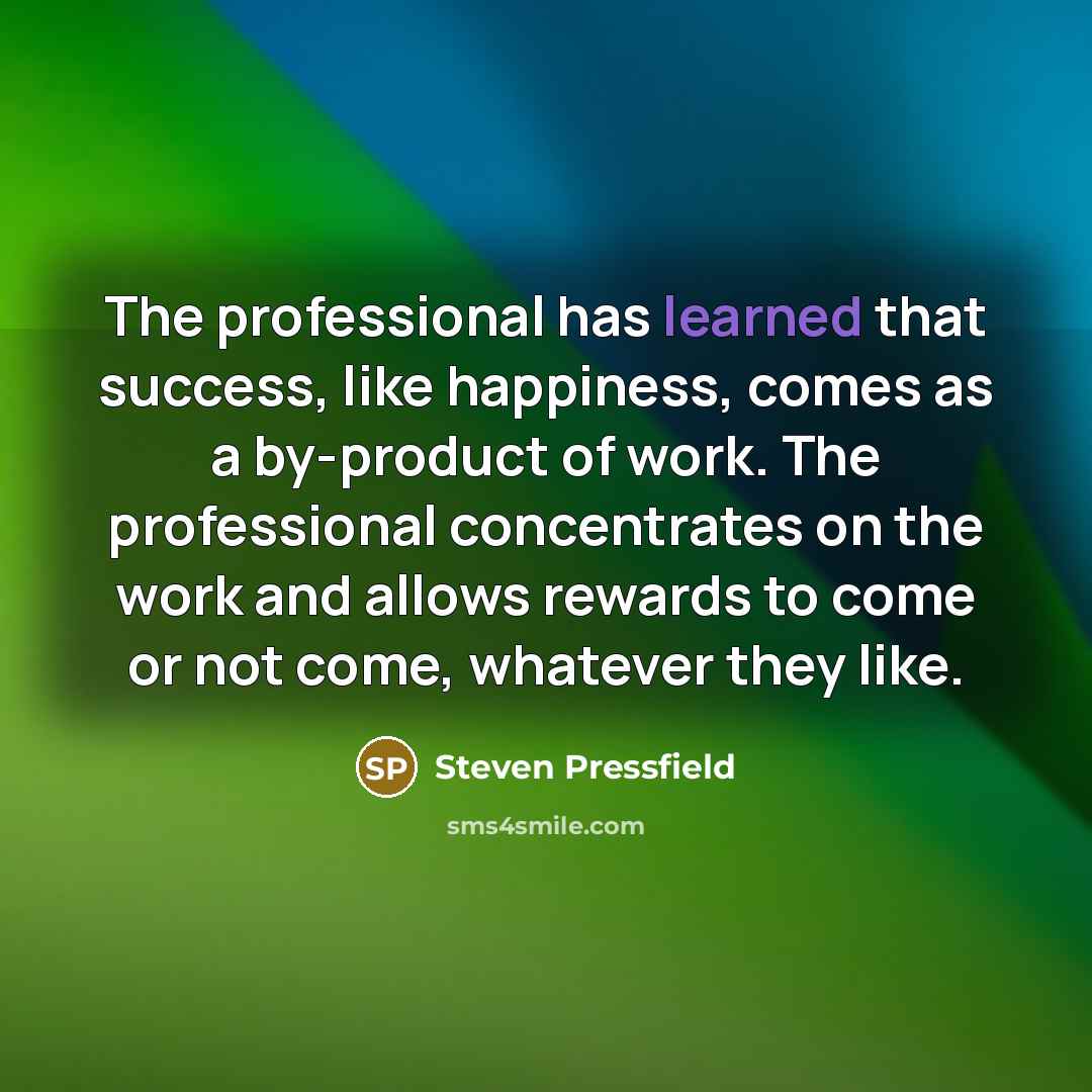 “The professional has learned that success, like happiness, comes as…” quote by Steven Pressfield