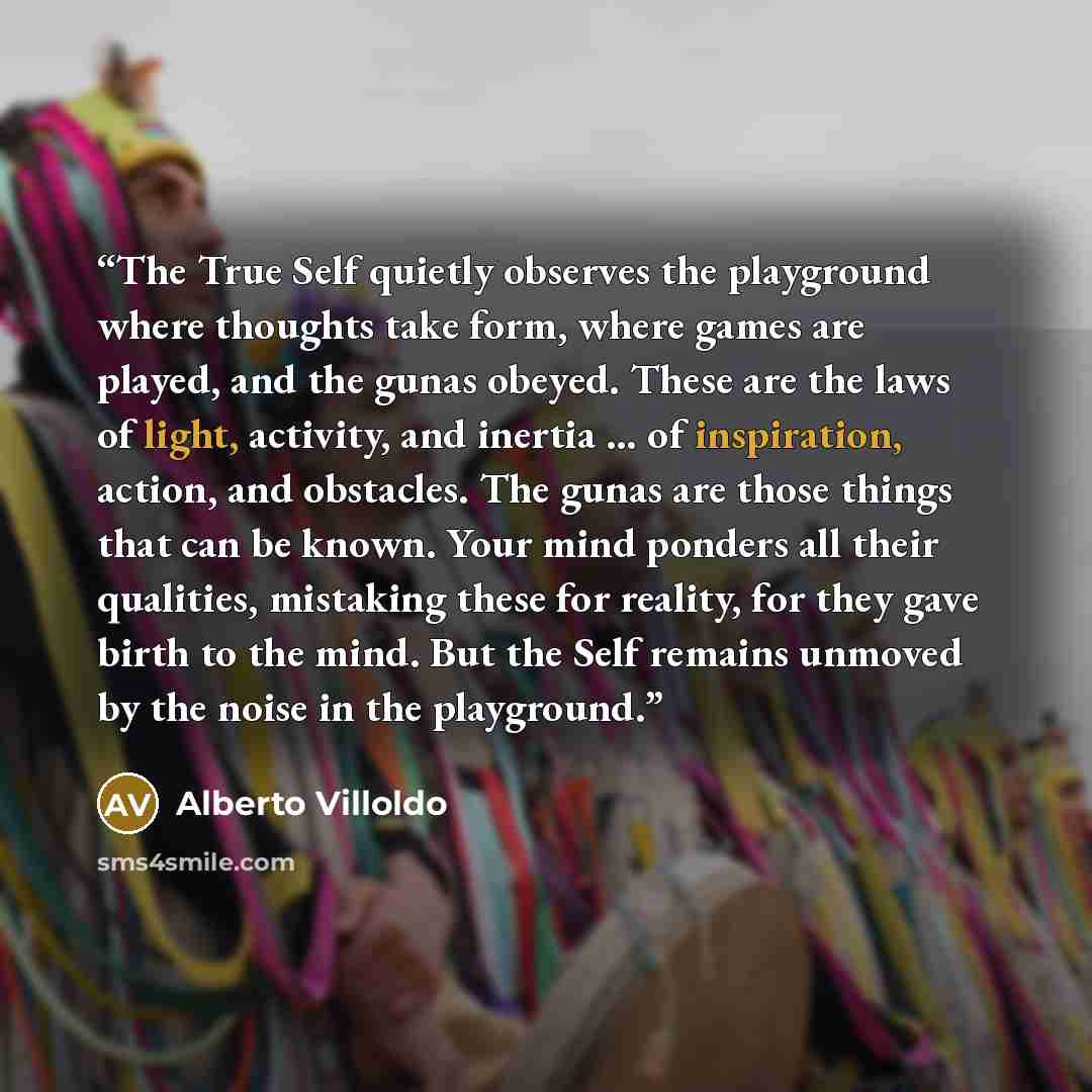 “The True Self quietly observes the playground where thoughts take form, where games are played, and the gunas obeyed. These are the laws of light, activity, and inertia … of inspiration, action, and obstacles. The gunas are those things that can be known. Your mind ponders all their qualities…” quote by Alberto Villoldo