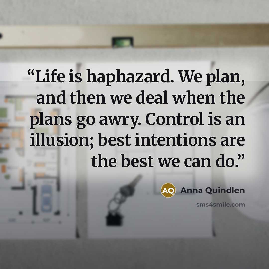 “Life is haphazard. We plan, and then we deal when the plans go awry. Control is an illusion; best intentions are the best we can do.” quote by Anna Quindlen