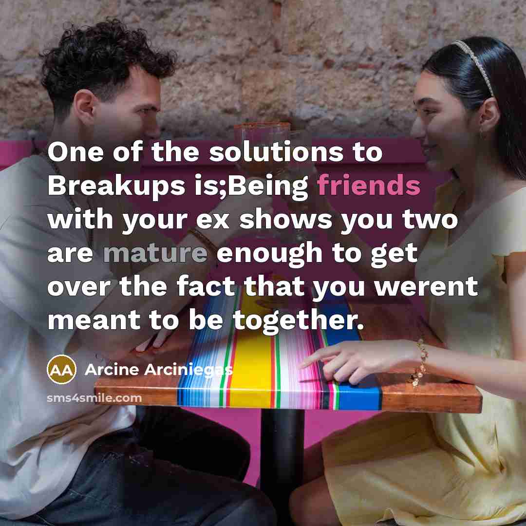 “One of the solutions to Breakups is;Being friends with your ex shows you two are mature enough to get over the fact that you werent meant to be together.” quote by Arcine Arciniegas
