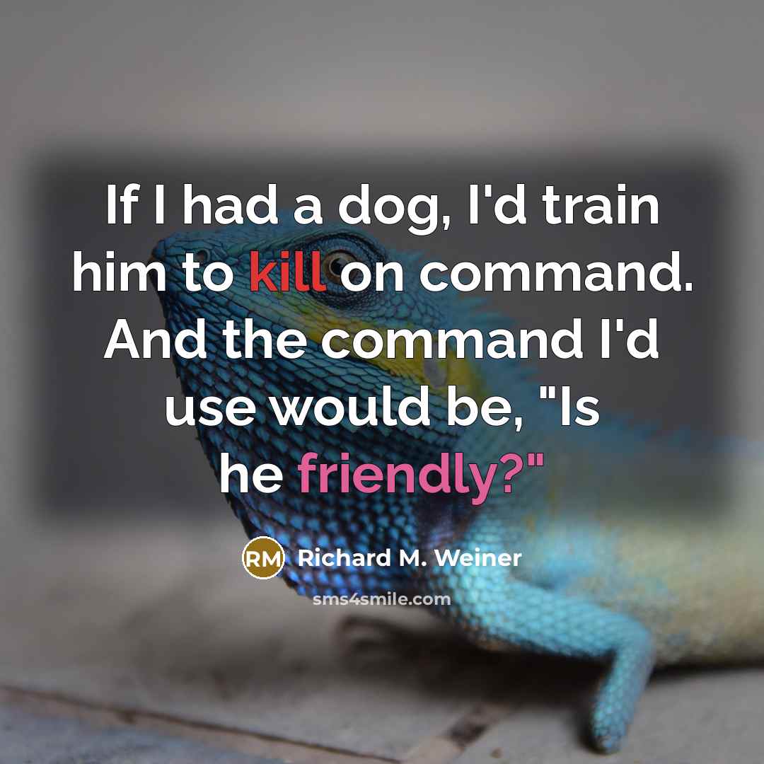 “If I had a dog, I'd train him to kill on command. And the command I'd use would be, "Is he friendly?"” quote by Richard M. Weiner