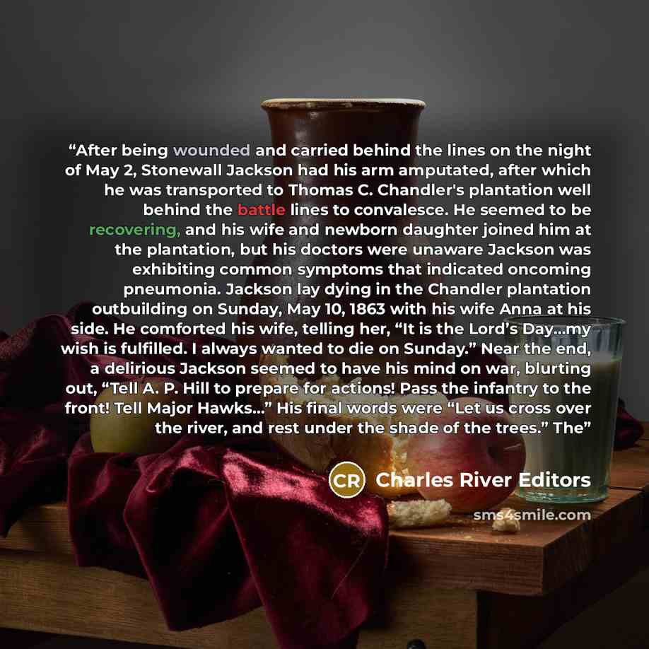 “After being wounded and carried behind the lines on the night of May 2, Stonewall Jackson had his arm amputated, after which he was transported to Thomas C. Chandler's plantation well behind the battle lines to convalesce. He seemed to be recovering, and his wife and newborn daughter joined him at…” quote by Charles River Editors