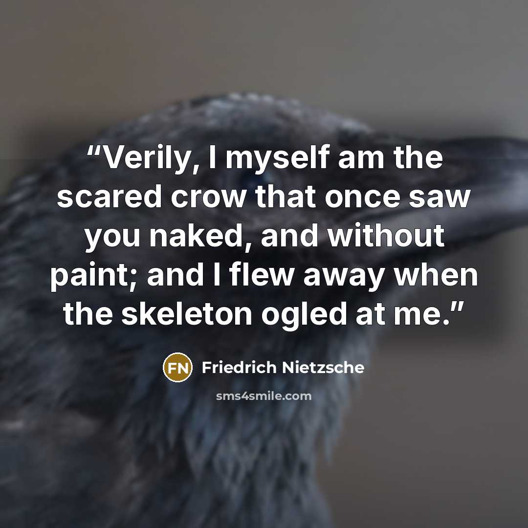 “Verily, I myself am the scared crow that once saw you naked, and without paint; and I flew away when the skeleton ogled at me.” quote by Friedrich Nietzsche
