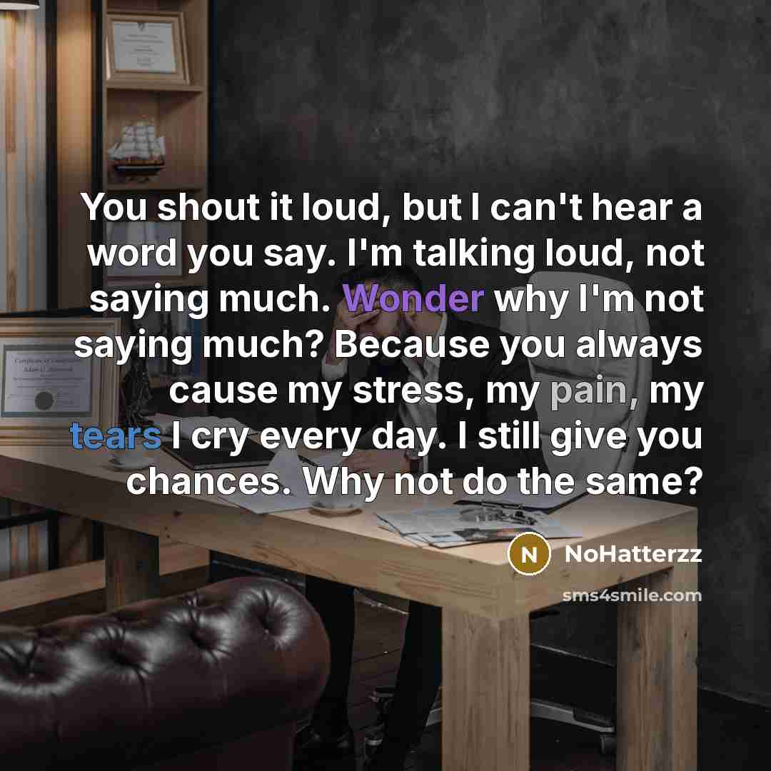 “You shout it loud, but I can't hear a word you say. I'm talking loud, not saying much. Wonder why I'm not saying much? Because you always cause my stress, my pain, my tears I cry every day. I still give you chances. Why not do the same?” quote by NoHatterzz