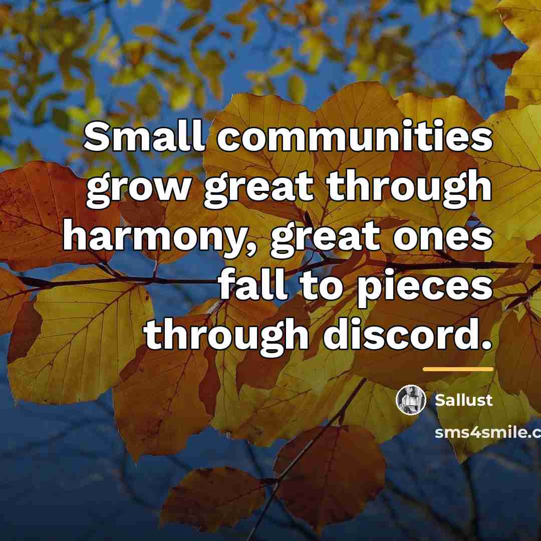 “Small communities grow great through harmony, great ones fall to…” quote by Sallust