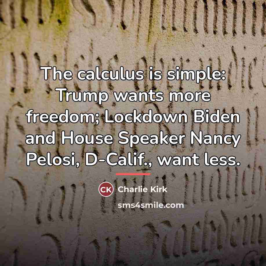 “The calculus is simple: Trump wants more freedom; Lockdown Biden…” quote by Charlie Kirk
