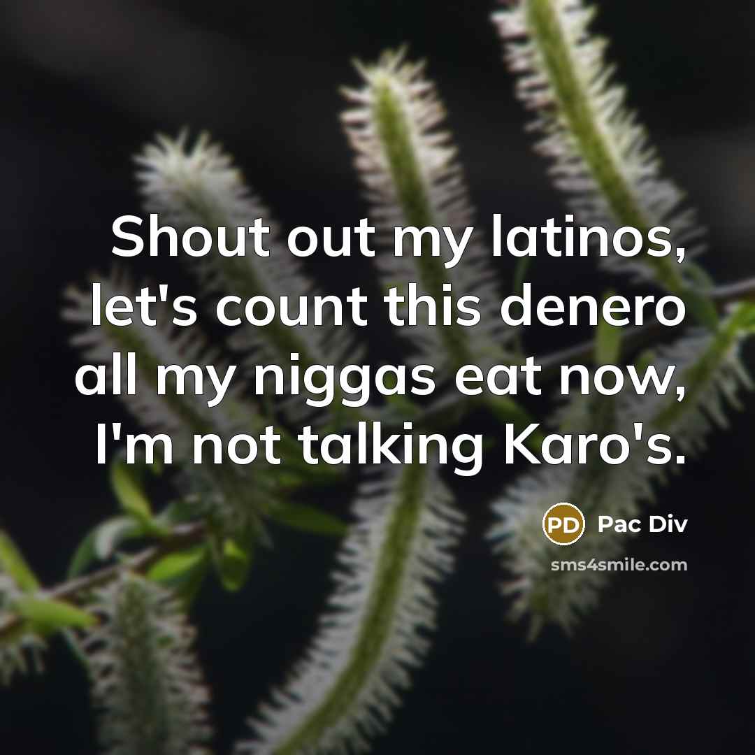 “Shout out my latinos, let's count this denero all my niggas eat now, I'm not talking Karo's.” quote by Pac Div