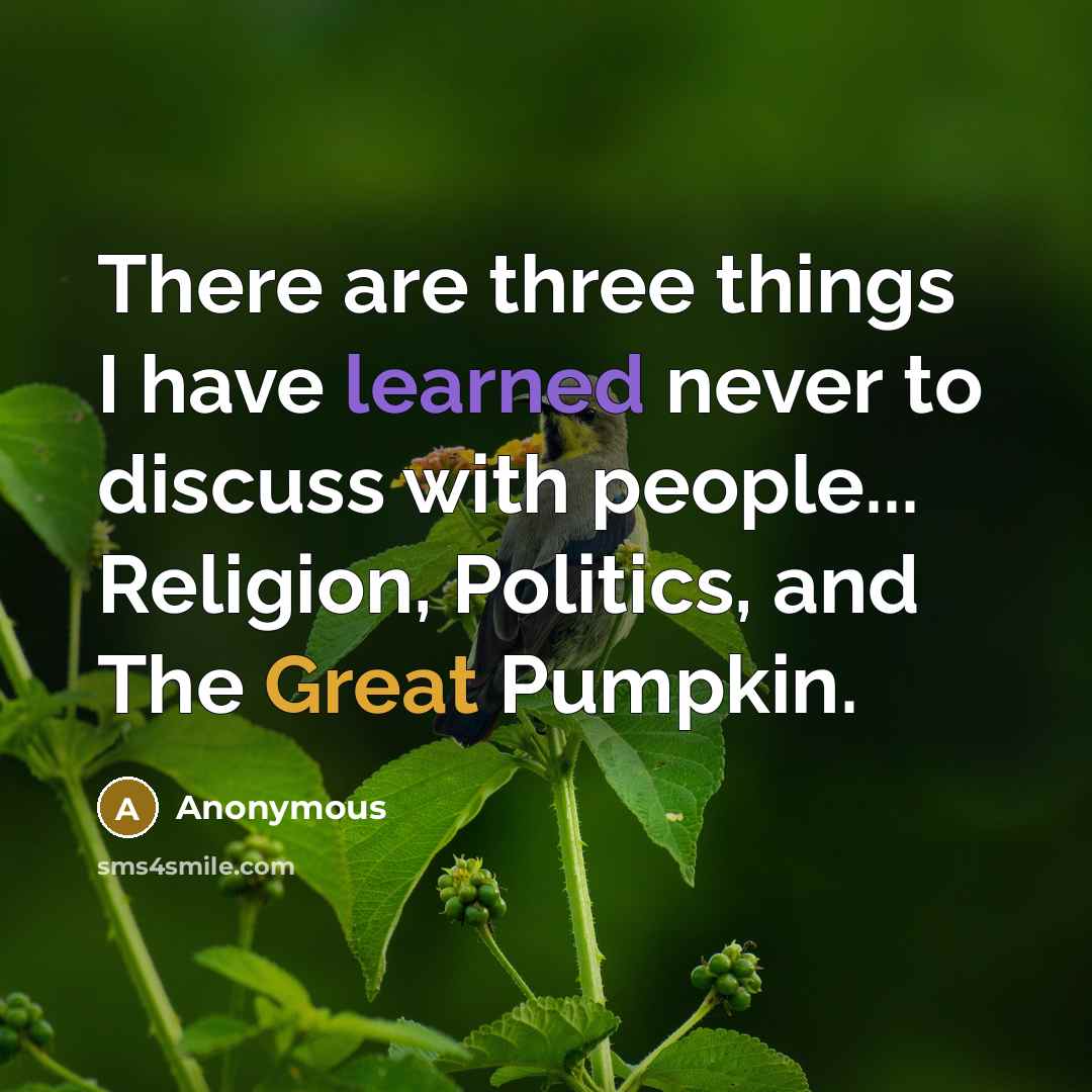 “There are three things I have learned never to discuss with people... Religion, Politics, and The Great Pumpkin.” quote by Anonymous