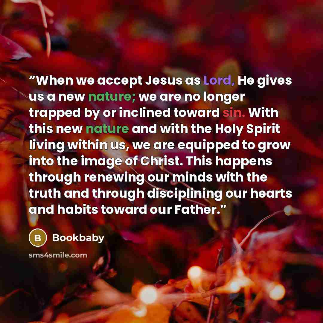 “When we accept Jesus as Lord, He gives us a new nature; we are no longer trapped by or inclined toward sin. With this new nature and with the Holy Spirit living within us, we are equipped to grow into the image of Christ. This happens through renewing our minds with the truth and through…” quote by Bookbaby