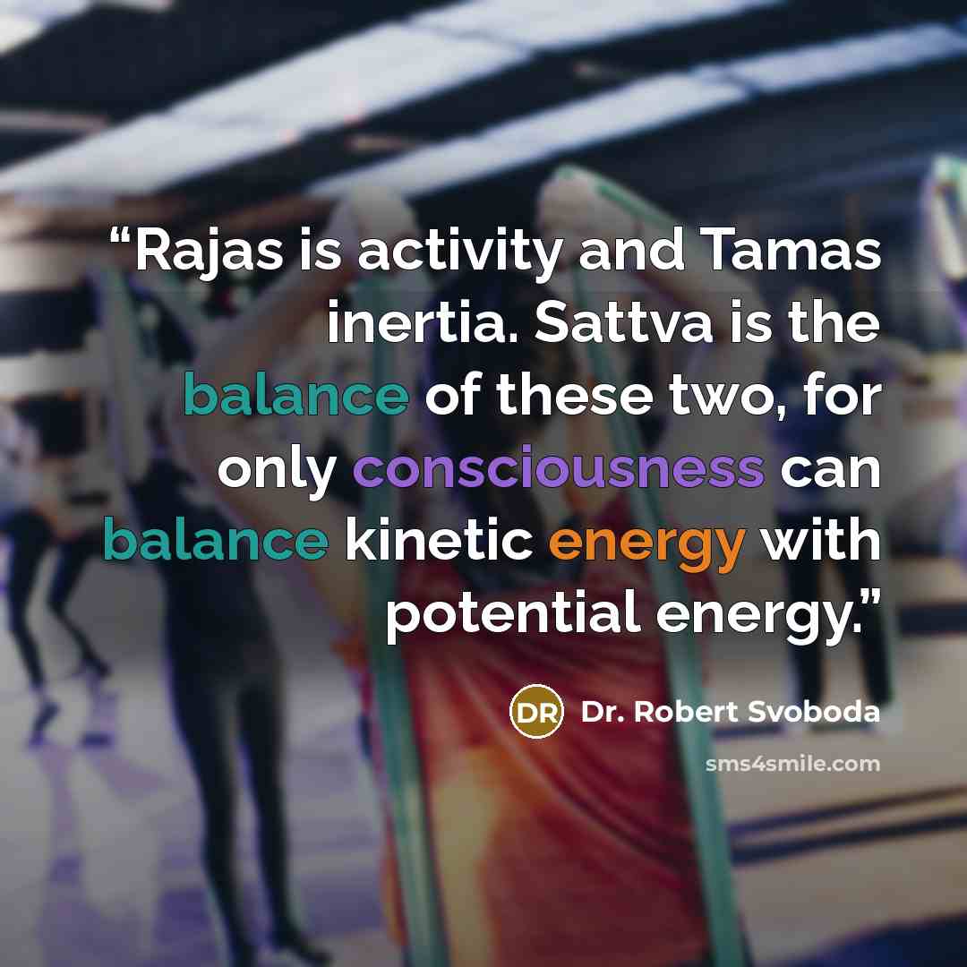 “Rajas is activity and Tamas inertia. Sattva is the balance of these two, for only consciousness can balance kinetic energy with potential energy.” quote by Dr. Robert Svoboda
