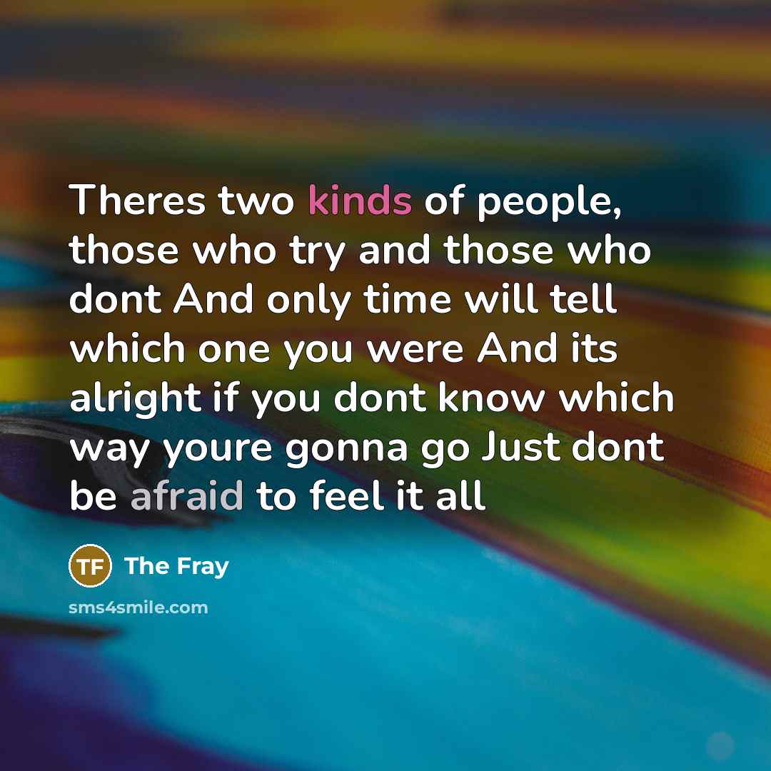 “Theres two kinds of people, those who try and those who dont And only time will tell which one you were And its alright if you dont know which way youre gonna go Just dont be afraid to feel it all” quote by The Fray