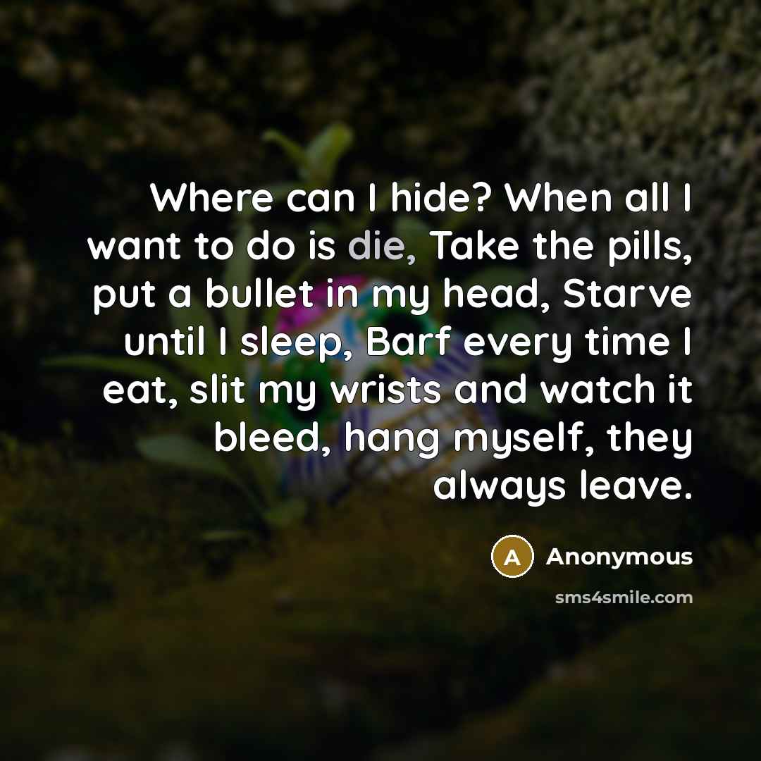 “Where can I hide? When all I want to do is die, Take the pills, put a bullet in my head, Starve until I sleep, Barf every time I eat, slit my wrists and watch it bleed, hang myself, they always leave.” quote by Anonymous