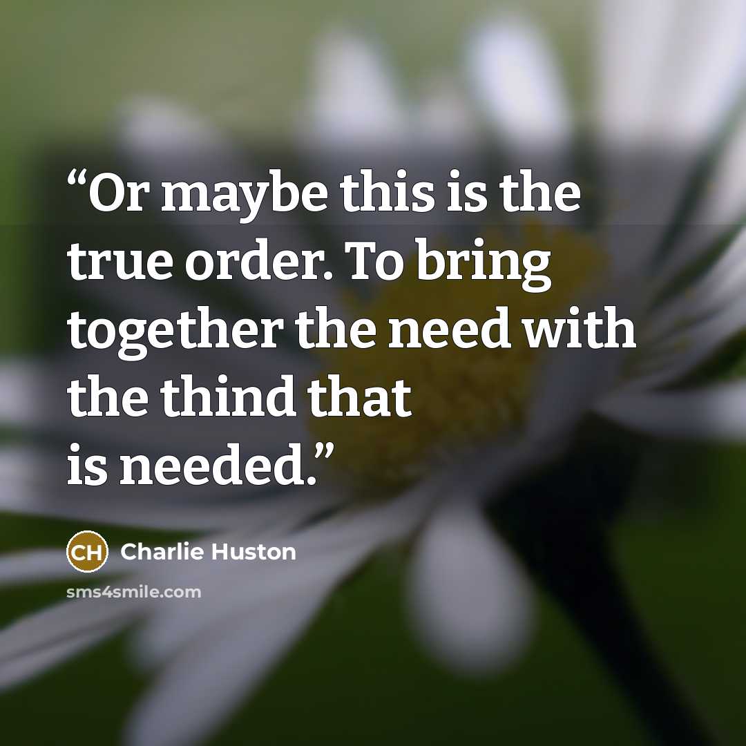 “Or maybe this is the true order. To bring together the need with the thind that is needed.” quote by Charlie Huston