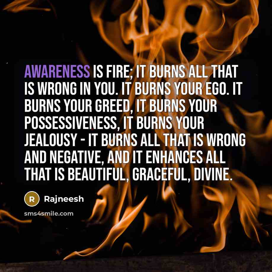 “Awareness is fire; it burns all that is wrong in…” quote by Rajneesh