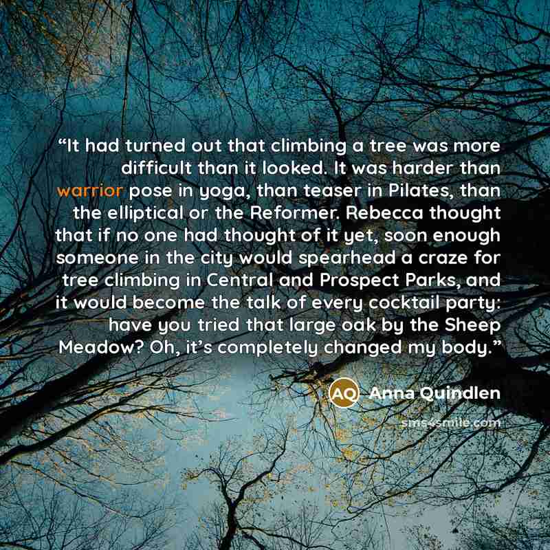 “It had turned out that climbing a tree was more difficult than it looked. It was harder than warrior pose in yoga, than teaser in Pilates, than the elliptical or the Reformer. Rebecca thought that if no one had thought of it yet, soon enough someone in the city would spearhead a craze for tree…” quote by Anna Quindlen