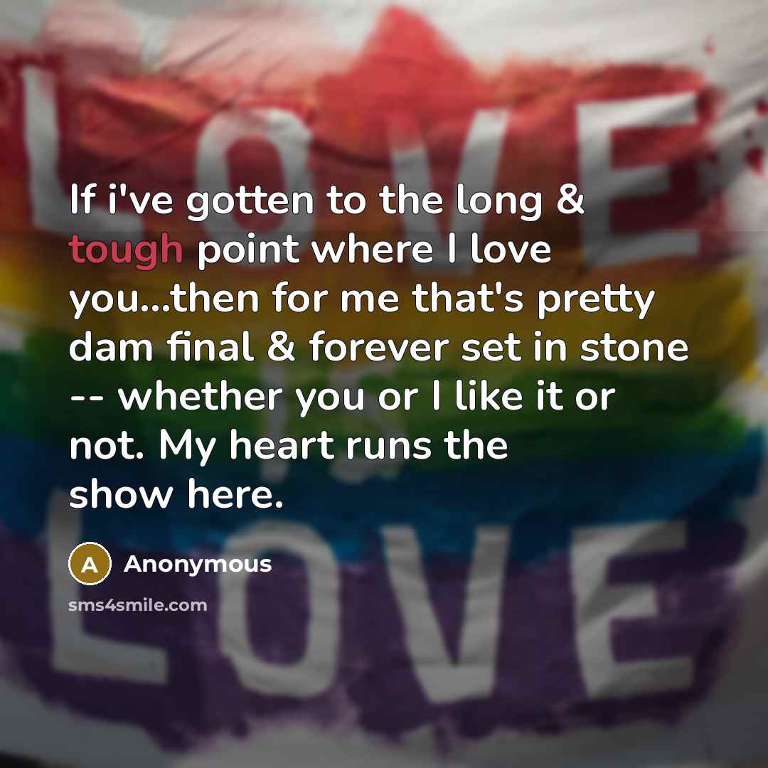“If i've gotten to the long & tough point where I love you…then for me that's pretty dam final & forever set in stone -- whether you or I like it or not. My heart runs the show here.” quote by Anonymous