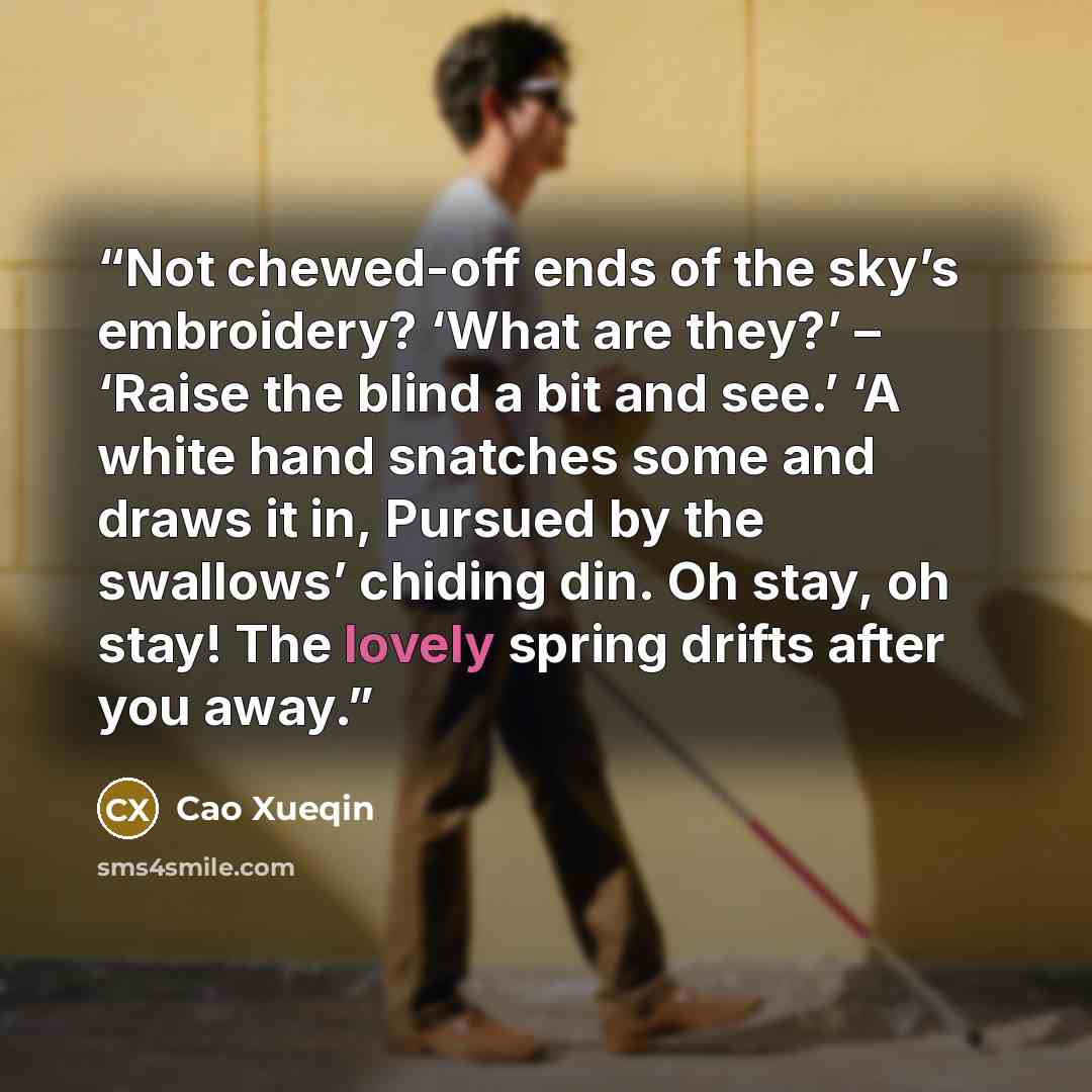 “Not chewed-off ends of the sky’s embroidery? ‘What are they?’ – ‘Raise the blind a bit and see.’ ‘A white hand snatches some and draws it in, Pursued by the swallows’ chiding din. Oh stay, oh stay! The lovely spring drifts after you away.” quote by Cao Xueqin