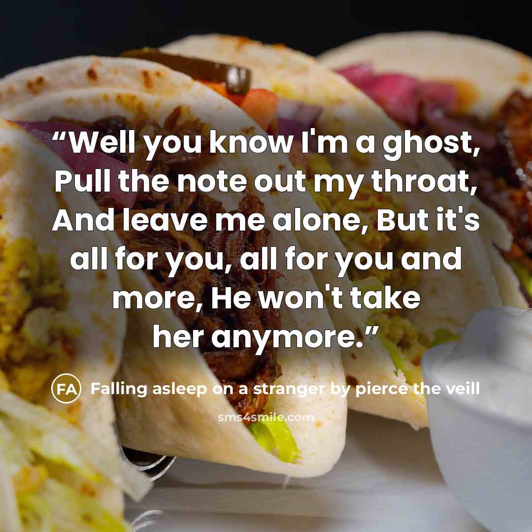 “Well you know I'm a ghost, Pull the note out my throat, And leave me alone, But it's all for you, all for you and more, He won't take her anymore.” quote by Falling asleep on a stranger by pierce the veill