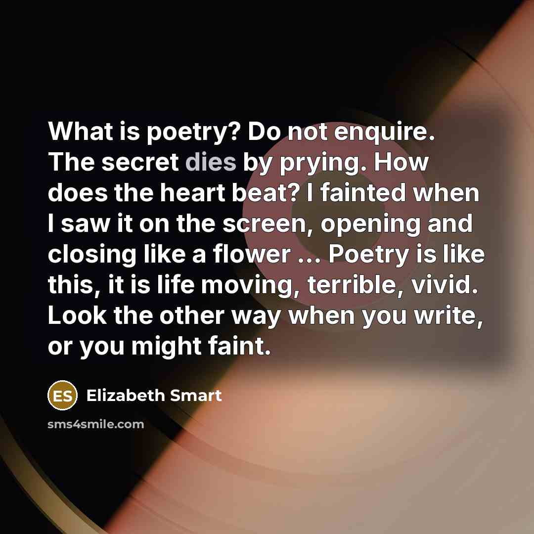 “What is poetry? Do not enquire. The secret dies by…” quote by Elizabeth Smart