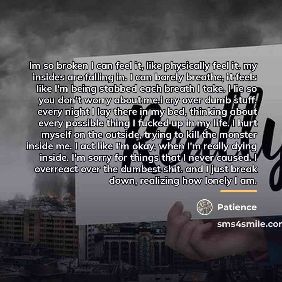 “Im so broken I can feel it, like physically feel…” quote by Patience