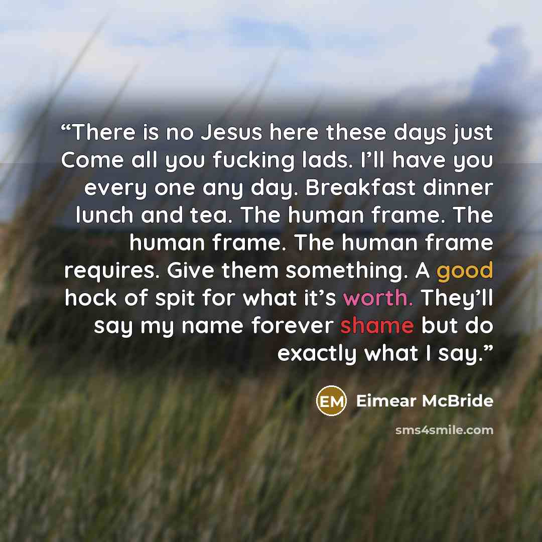 “There is no Jesus here these days just Come all you fucking lads. I’ll have you every one any day. Breakfast dinner lunch and tea. The human frame. The human frame. The human frame requires. Give them something. A good hock of spit for what it’s worth. They’ll say my name forever shame but do…” quote by Eimear McBride