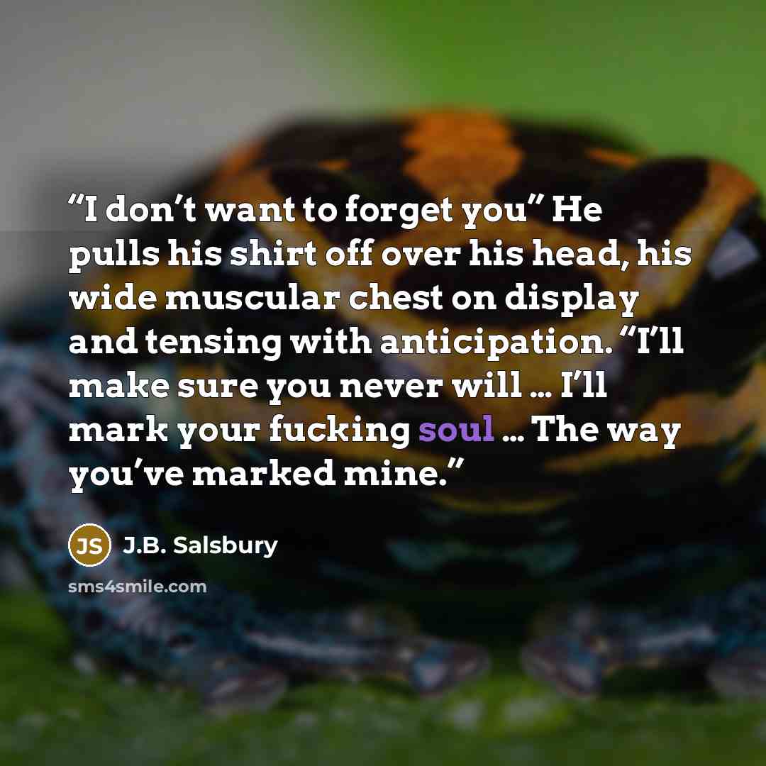 “I don’t want to forget you” He pulls his shirt off over his head, his wide muscular chest on display and tensing with anticipation. “I’ll make sure you never will … I’ll mark your fucking soul … The way you’ve marked mine.” quote by J.B. Salsbury