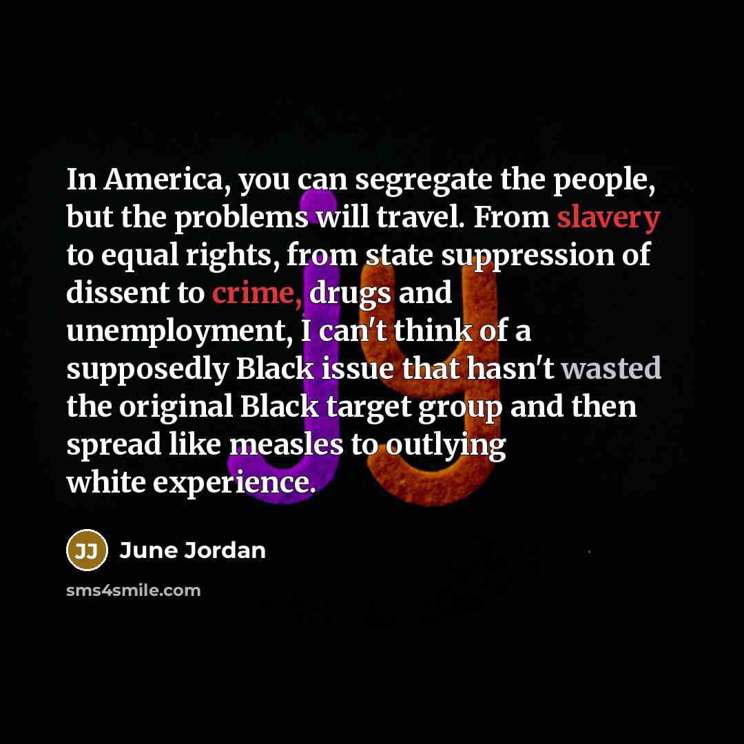 “In America, you can segregate the people, but the problems…” quote by June Jordan
