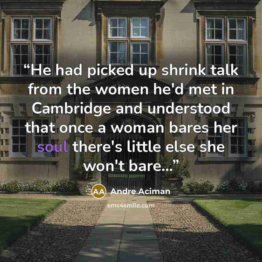 “He had picked up shrink talk from the women he'd met in Cambridge and understood that once a woman bares her soul there's little else she won't bare...” quote by André Aciman