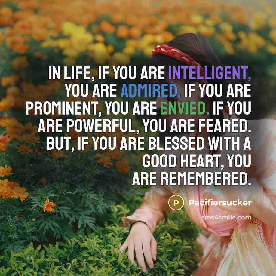 “In Life, If You Are Intelligent, You Are Admired. If You Are Prominent, You Are Envied. If You Are Powerful, You Are Feared. But, If You Are Blessed With A Good Heart, You Are Remembered.” quote by Pacifiersucker