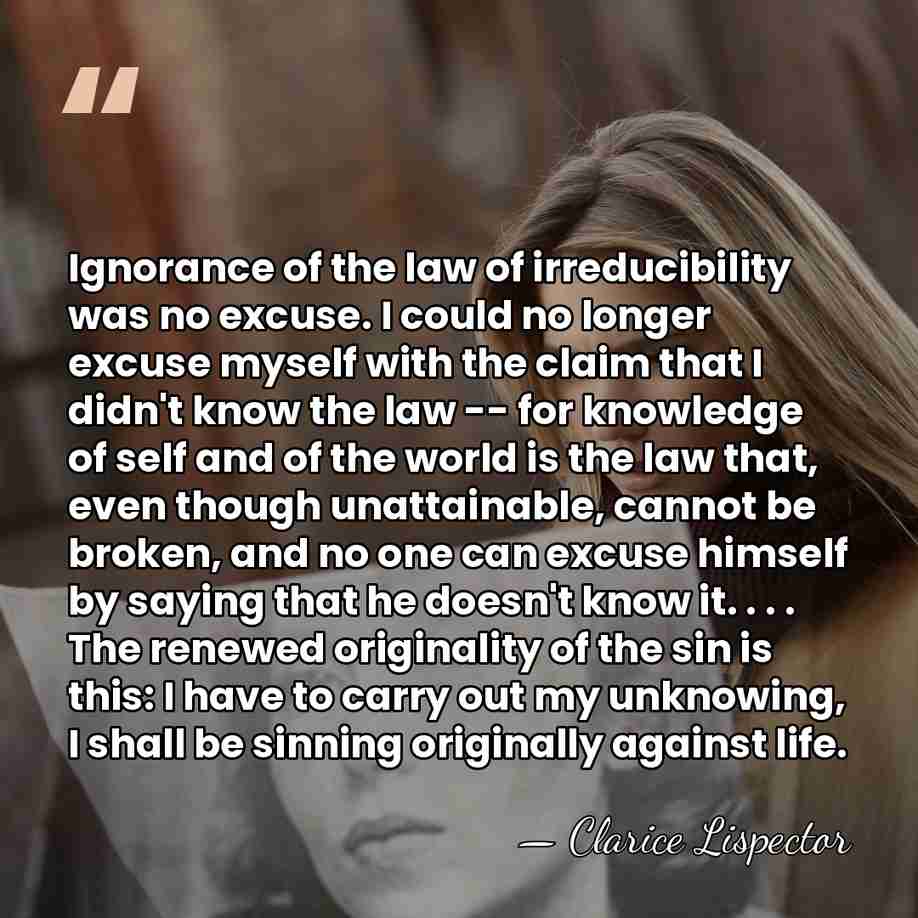 Ignorance of the law of irreducibility was no excuse. I could no&hellip; - Clarice Lispector
