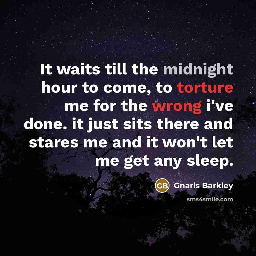 “It waits till the midnight hour to come, to torture me for the wrong i've done. it just sits there and stares me and it won't let me get any sleep.” quote by Gnarls Barkley