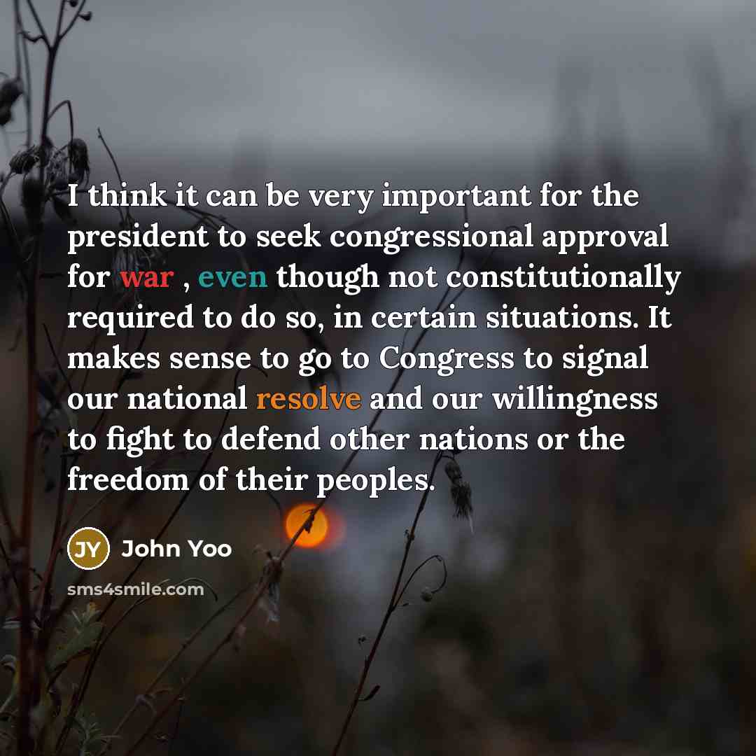 “I think it can be very important for the president to seek congressional approval for war , even though not constitutionally required to do so, in certain situations. It makes sense to go to Congress to signal our national resolve and our willingness to fight to defend other nations or the freedom…” quote by John Yoo