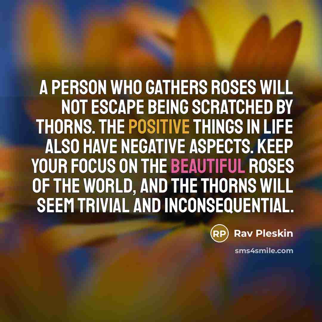 “A person who gathers roses will not escape being scratched by thorns. The positive things in life also have negative aspects. Keep your focus on the beautiful roses of the world, and the thorns will seem trivial and inconsequential.” quote by Rav Pleskin